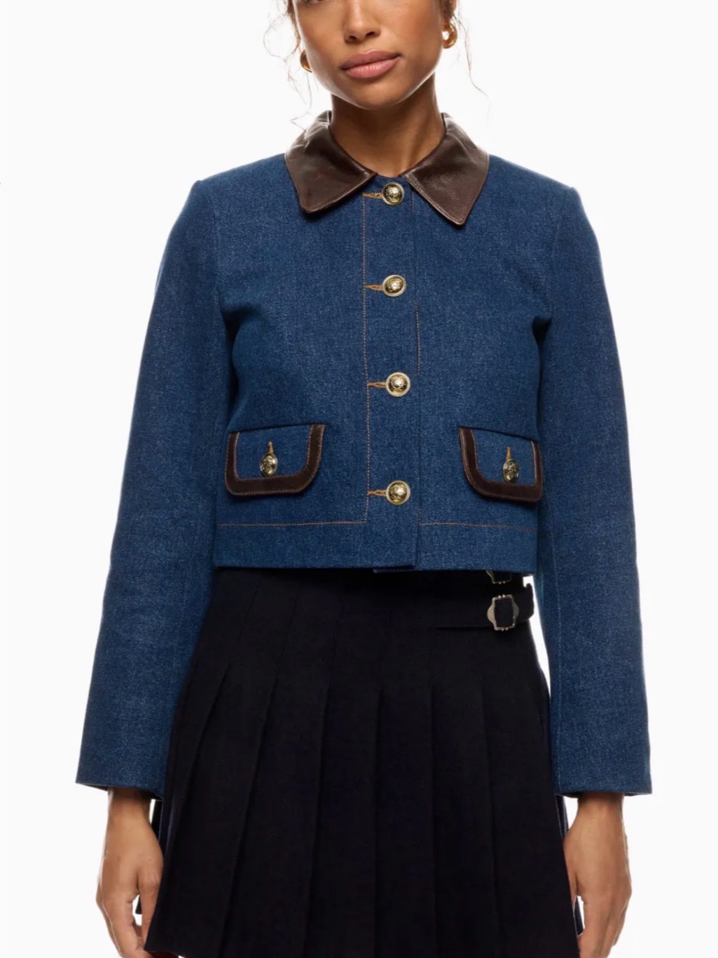 Sandro Denim Jacket With Leather Collar French 40 Or Us 8.